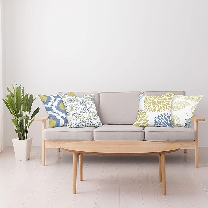 Ambesonne Vintage Throw Pillow Cushion Case Pack of 4, Bohemian Ornamental Leaves Dahlia Geometric Art Curlicue Motif, Modern Accent Double-Sided Digital Printing, 18", Mustard Dark Ceil Blue