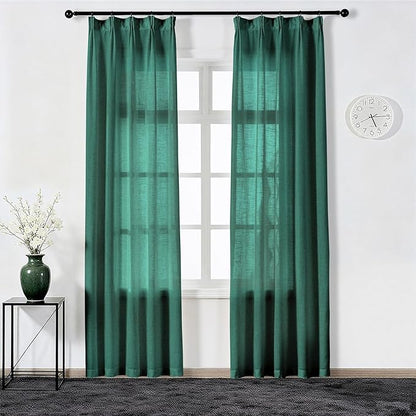 Emerald Green Curtains Semi Sheer 84 Inches Long, Dark Linen Textured Light Filtering Drapes for Living Room Dining, Hunter Green Window Decor, Pinch Pleat Curtain with Hooks