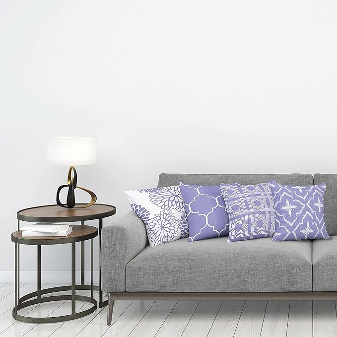 Ambesonne Vintage Throw Pillow Cushion Case Pack of 4, Monochrome Design Grid Trellis Quatrefoil Mesh and Dahlia Flowers Modern Print, Modern Accent Double-Sided Digital Printing, 24", Lavender White