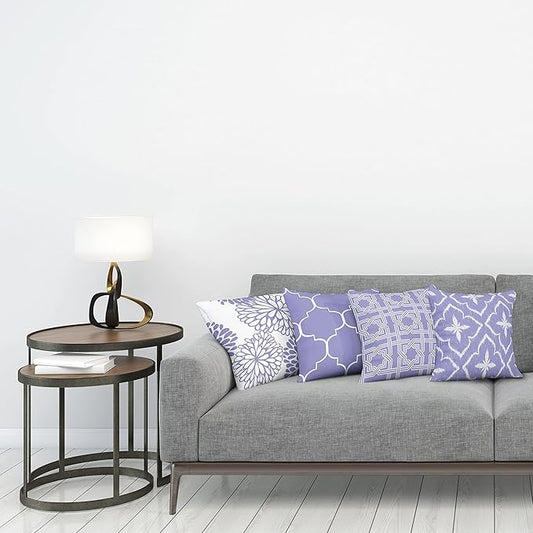 Ambesonne Vintage Throw Pillow Cushion Case Pack of 4, Monochrome Design Grid Trellis Quatrefoil Mesh and Dahlia Flowers Modern Print, Modern Accent Double-Sided Digital Printing, 16", Lavender White