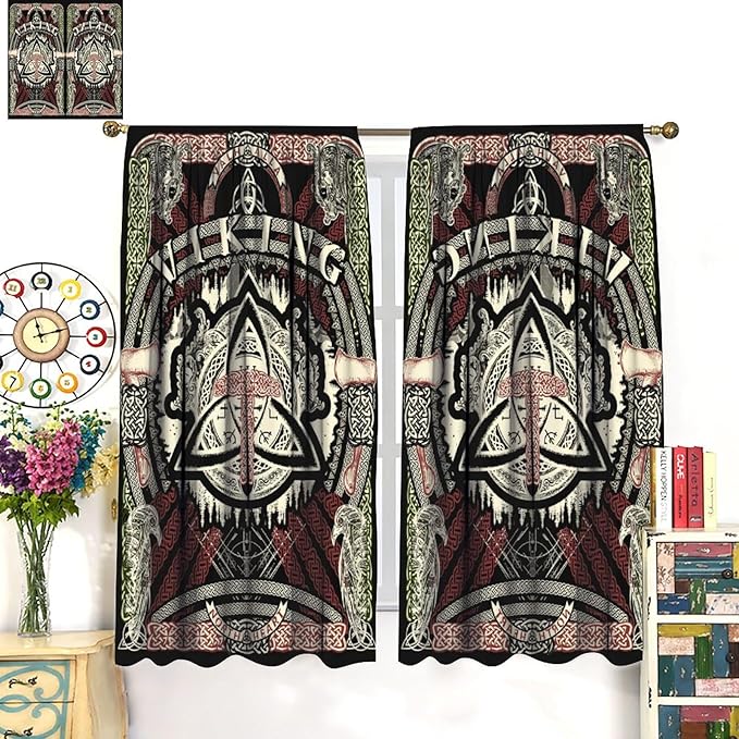 Viking Curtains Nordic Mythology Rune Weapon Antique Viking Pirate Crow Art Pattern Printed Curtains Bedroom Living Room Decoration Blackout Curtains W63 * L72 Inch