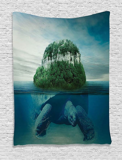 Ambesonne Underwater Tapestry, Giant Turtle Carrying Island on Its Back Swimming Under Ocean Print, Wall Hanging for Bedroom Living Room Dorm Decor, 60" X 80", Green Blue