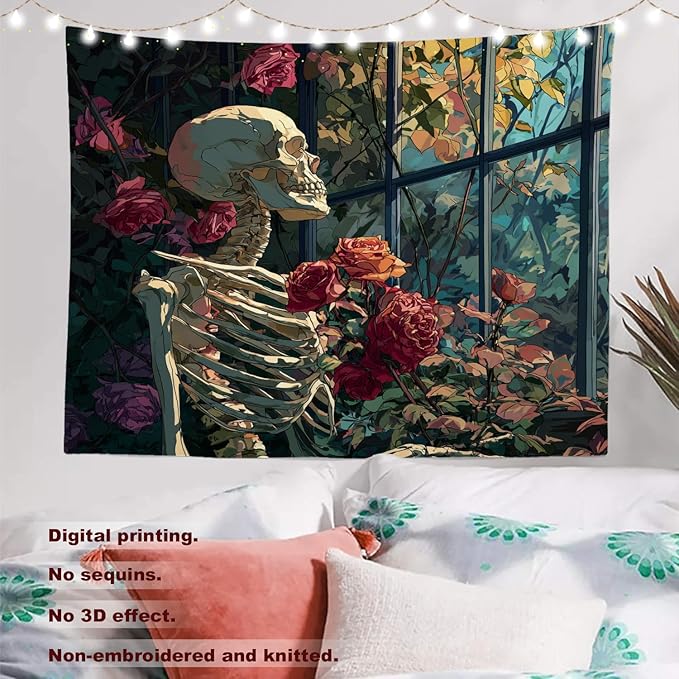 Batmerry Skeleton Roses Greenhouse Tapestry, Skeleton Roses Glass Flowers Wall Art Hanging Decoration Polyester Fiber White Ruffled Around for Dorm Room Bedroom Living Room, 39.1x59.1 inches