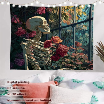Batmerry Skeleton Roses Greenhouse Tapestry, Skeleton Roses Glass Flowers Wall Art Hanging Decoration Polyester Fiber White Ruffled Around for Dorm Room Bedroom Living Room, 39.1x59.1 inches