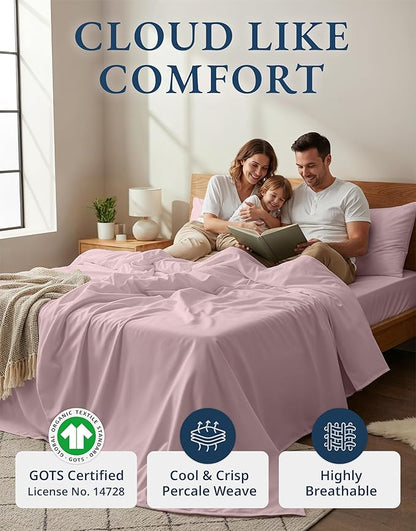 LANE LINEN 100% Organic Cotton Sheets Full Size Bed, Machine Washable Fully Elasticized Low Pill Fade Resistant Cotton Sheets, Soft & Comfy Percale Eco Friendly sábanas Full -Sepia Rose