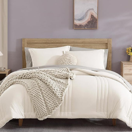Monbix Queen Comforter Set - 7 Pieces Snow White Bed in a Bag Queen Bedding Sets with Comforters, All Seasons Down Alternative Comforter Bed Set with Sheets,Pillowcases & Shams