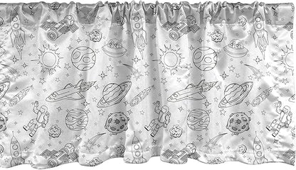 Ambesonne Cartoon Window Valance, Doodle Solar System Astronauts Space Crafts Shooting Stars Science Fiction Theme, Curtain Valance for Kitchen Bedroom Decor with Rod Pocket, 54" X 12", White Black