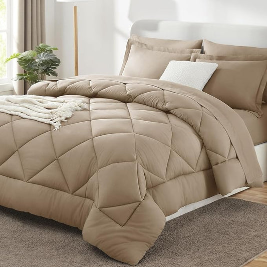 CozyLux Queen Comforter Set Taupe - Bed in a Bag Queen Size 7 Pieces, Luxury Soft Bed Set for All Seasons, Bedding Set with Down Alternative Comforter, Sheets, Pillowcases & Shams