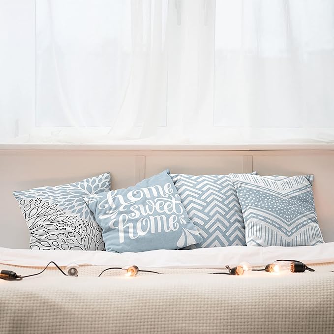 Ambesonne Geometric Throw Pillow Cushion Case Pack of 4, Home Phrase Minimal Zigzag Squama Dahlia Flower Petals Chevron Tribal, Modern Accent Double-Sided Digital Printing, 24", Pale Blue Grey White