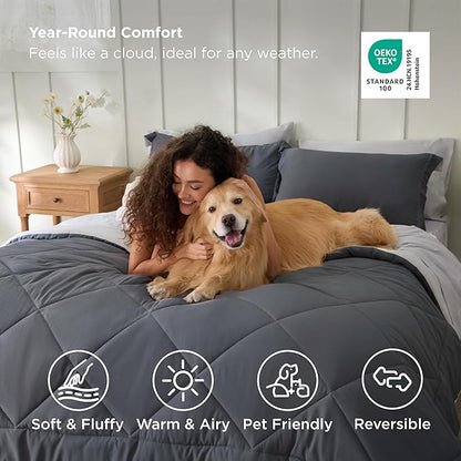 Bedsure Dark Grey Twin XL Comforter Set - 5 Pieces Reversible Twin XL Bed in a Bag for College, Extra Long Twin Bed Set Dark Grey with Comforters, Sheets, Pillowcase & Sham