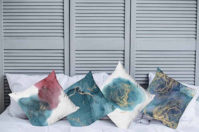 Ambesonne Marble Print Throw Pillow Cushion Case Pack of 4, Modern Style Hazy Stains and Blots Shadowy Effect Watercolor Look, Modern Accent Double-Sided Digital Printing, 24", Teal Pale Ruby Mustard