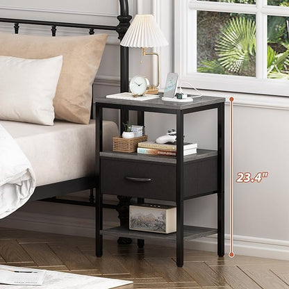 SUPERJARE Nightstand with Charging Station, Bed Side Table with Adjustable Fabric Drawer, Night Stand for Bedroom, 3-Tier Storage End Table, for Living Room, Charcoal Gray