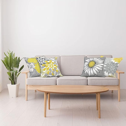 Ambesonne Floral Throw Pillow Cushion Case Pack of 4, Flower Petals Modern Color Palette Chamomile Peony Dahlia and Sunflower Print, Modern Accent Double-Sided Digital Printing, 20", Yellow and Grey