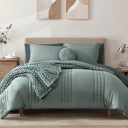 Monbix Oversized Queen Comforter Set - 7 Pieces Sage Green Bed in a Bag Queen Bedding Sets with Comforters, All Seasons Down Alternative Comforter Bed Set with Sheets,Pillowcases & Shams