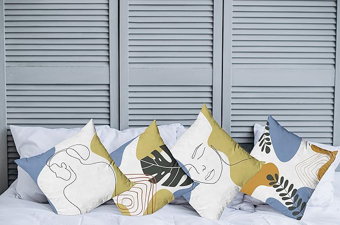 Ambesonne Minimal Throw Pillow Cushion Case Pack of 4, Modern Line Art Woman Portrait with Contemporary Leafy Geometric Details, Modern Accent Double-Sided Digital Printing, 24", Mustard and Blue Grey