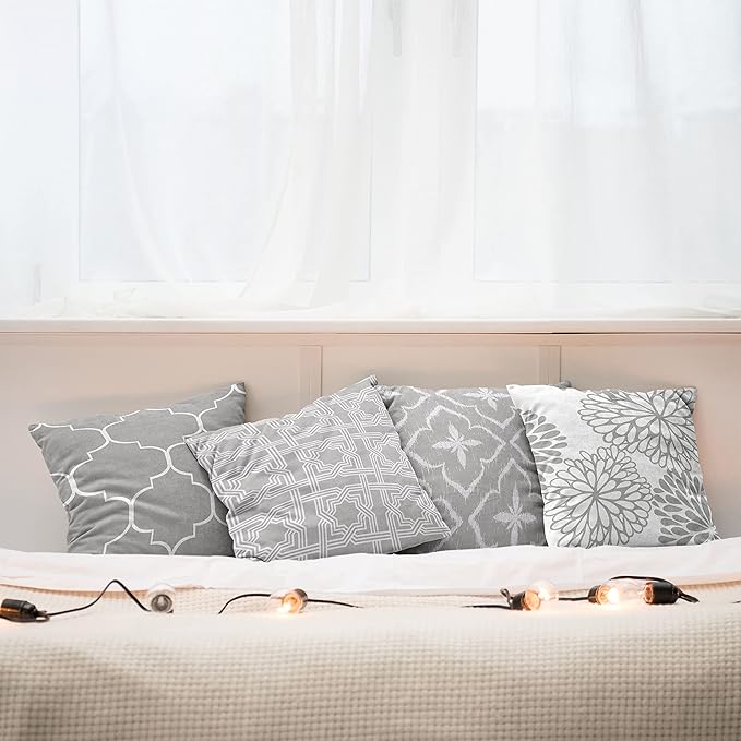 Ambesonne Vintage Throw Pillow Cushion Case Pack of 4, Monochrome Design Grid Trellis Quatrefoil Mesh and Dahlia Flowers Modern Print, Modern Accent Double-Sided Digital Printing, 24", Grey White