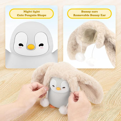 UNEEDE Standing Penguin Night Light with Detachable Bunny Hat - Rechargeable Silicone Touch Lamp, 2-Level Dimmable, 20-Min Timer, Nursery Decor for Kids & Holiday Gifts