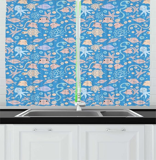 Lunarable Cartoon Long Kitchen Curtains, Pastel Doodle Sea Creatures Fish Octopus Turtle, 2 Panel Set Drapes with Rod Pocket Room Decor, 55" x 45", Azure Blue Peach
