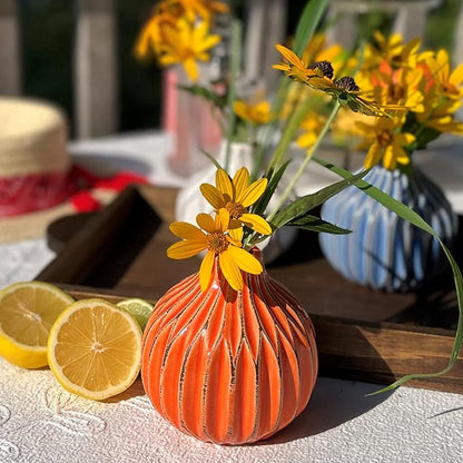 Iconic Scandi Baby Vases, Set of 3, Ribbed, Turquoise Blue, Ivory and Orange, Crackle Suffused, 4.25 Diameter x 4.25 Inches Tall, Modern Home Design, Centerpieces