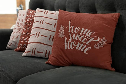 Ambesonne Modern Throw Pillow Cushion Case Pack of 4, Scandinavian Minimal Ornaments Boho Feather Leaves and Home Phrase Print, Modern Accent Double-Sided Digital Printing, 18", Pale Tan and Dark Rust