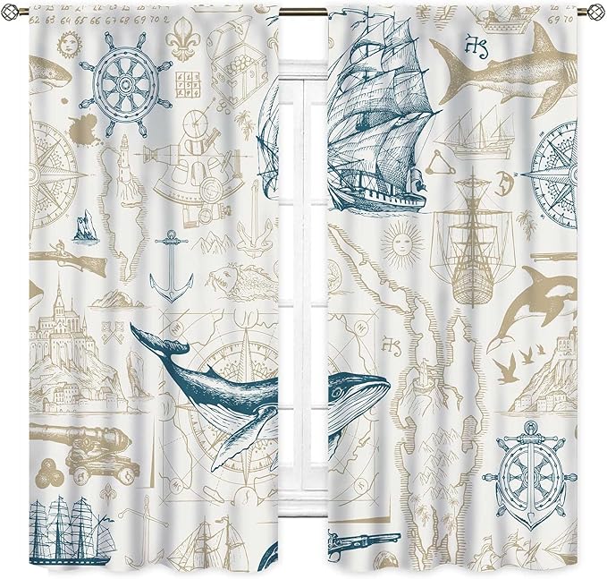 Vintage Nautical Curtains, Marine Coastal Sailboat Compass Anchor Ocean Beach Whale Old Pirate Map Decorative Drapes for Bedroom Living Room Kitchen Bathroom Window 2 Panels Set, 52"x84" Inch