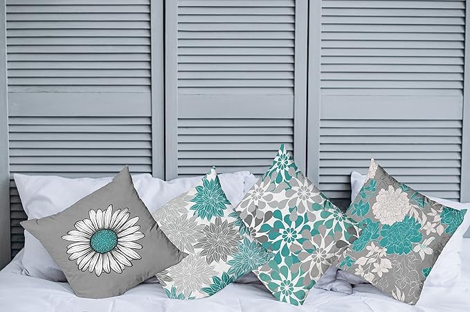 Ambesonne Floral Throw Pillow Cushion Case Pack of 4, Flower Petals Modern Color Palette Chamomile Peony Dahlia and Sunflower Print, Modern Accent Double-Sided Digital Printing, 16", Grey Dark Seafoam