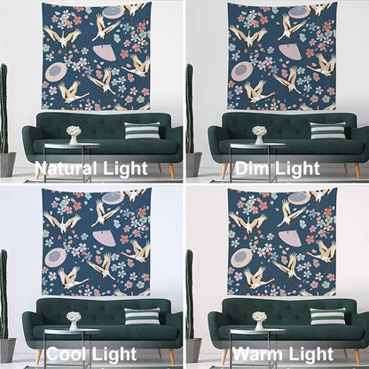 Batmerry Navy Blue Japanese Cherry Tapestry,Oriental Wall Art Hanging Decoration Polyester Fiber White Ruffled Around for Dorm Room Bedroom Living Room, 59.1x59.1 inches