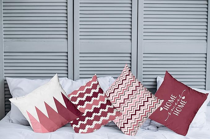 Ambesonne Modern Throw Pillow Cushion Case Pack of 4, Geometric Style Pattern of Triangles Zigzags Love Home Phrase Print, Modern Accent Double-Sided Digital Printing, 24", Raspberry Rose and White