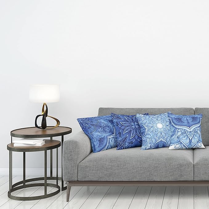 Ambesonne Ethnic Throw Pillow Cushion Case Pack of 4, Mandala Inspired Folk Art Themed Creative Motifs Mosaic Like Illustration Print, Modern Accent Double-Sided Digital Printing, 18", Blue White
