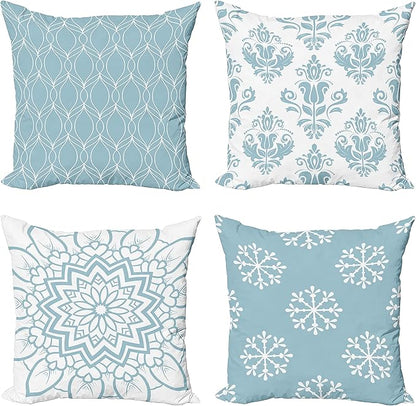 Ambesonne Retro Throw Pillow Cushion Case Pack of 4, Trellis Grid Medieval Floral Damask Mandala Flower Ornament in Modern Monochrome, Modern Accent Double-Sided Digital Printing, 24", Pale Blue Grey