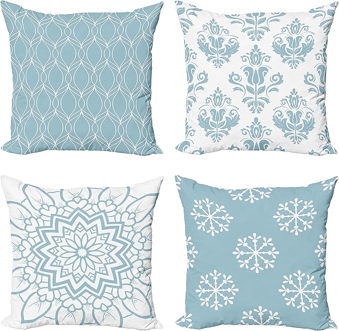Ambesonne Retro Throw Pillow Cushion Case Pack of 4, Trellis Grid Medieval Floral Damask Mandala Flower Ornament in Modern Monochrome, Modern Accent Double-Sided Digital Printing, 18", Pale Blue Grey