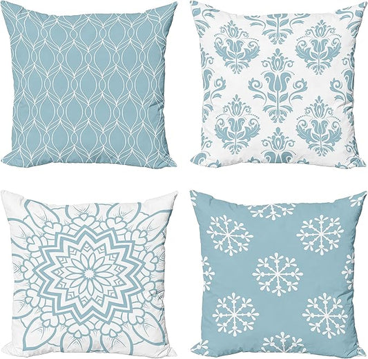 Ambesonne Retro Throw Pillow Cushion Case Pack of 4, Trellis Grid Medieval Floral Damask Mandala Flower Ornament in Modern Monochrome, Modern Accent Double-Sided Digital Printing, 18", Pale Blue Grey
