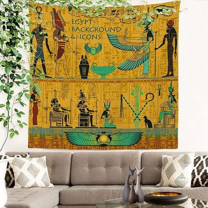 Batmerry Yellow Ancient Egyptian Tapestry, Horus Wall Art Hanging Decoration Polyester Fiber White Ruffled Around for Dorm Room Bedroom Living Room, 59.1x59.1 inches