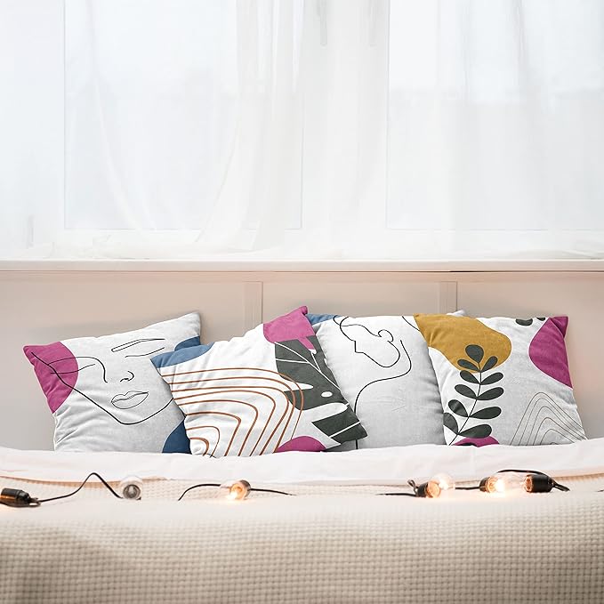Ambesonne Minimal Throw Pillow Cushion Case Pack of 4, Modern Line Art Woman Portrait with Contemporary Leafy Geometric Details, Modern Accent Double-Sided Digital Printing, 20", Slate Blue Pink Amber