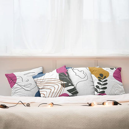 Ambesonne Minimal Throw Pillow Cushion Case Pack of 4, Modern Line Art Woman Portrait with Contemporary Leafy Geometric Details, Modern Accent Double-Sided Digital Printing, 20", Slate Blue Pink Amber