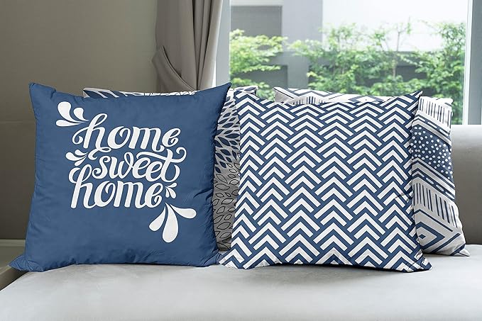 Ambesonne Modern Throw Pillow Cushion Case Pack of 4, Monochrome Design Sharp Angled Squama Scale Dahlia Chevron and Home Phrase, Modern Accent Double-Sided Digital Printing, 24", Dark Sky Blue White