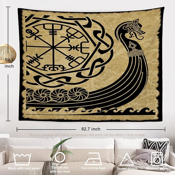 Batmerry Vikings Ancient Scandinavian Tapestry, Warship Boat Old Ancient Sea Wall Art Hanging Decoration Polyester Fiber White Ruffled Around for Dorm Room Bedroom Living Room, 59.1x82.7 inches
