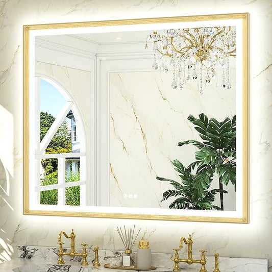 TETOTE 48x40 LED Bathroom Mirror with Lights Gold Metal Framed Front & Back Light Vanity Mirror Baroque Antifog Stepless Dimmable White/Warm/Natural,CRI90+,Waterproof,Wall Mounted(Horizontal/Vertical)