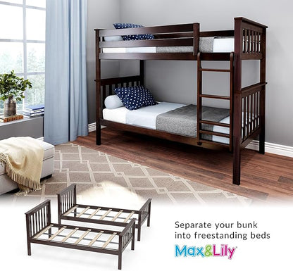 Max & Lily Bunk Bed Twin over Twin, Solid Wood Bunk Bed Frame with Ladder for Kids, 14" Safety Guardrails, Easy Assembly, No Box Spring Needed, Espresso