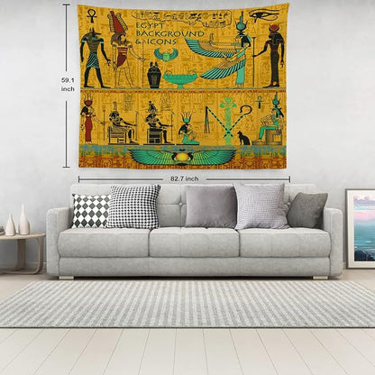 Batmerry Yellow Ancient Egyptian Tapestry, Horus Wall Art Hanging Decoration Polyester Fiber White Ruffled Around for Dorm Room Bedroom Living Room, 59.1x82.7 inches