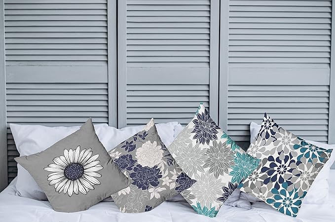 Ambesonne Floral Throw Pillow Cushion Case Pack of 4, Flower Petals Modern Color Palette Cold Tones Chamomile Peony Dahlia Sunflower, Modern Accent Double-Sided Digital Printing, 24", Grey Navy Blue