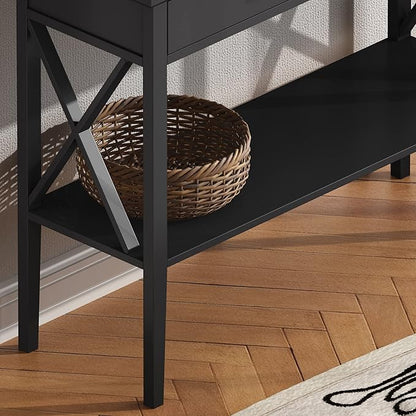 ChooChoo Console Table with Drawers, Narrow Wood Accent Sofa Table Entryway Table with Storage Shelf for Entryway, Front Hall, Hallway, Living Room, Black