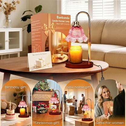 Electric Candle Warmer Lamp with Timer: Adjustable Height & Brightness, Wax Warmer for House Warming Gifts, New Home Room Decor,Birthday Gifts for Mom & Women (Pink)
