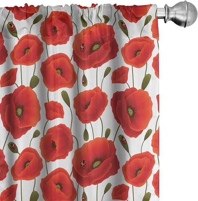 Ambesonne Poppy Flower Window Curtains Pack of 2, Springs Ladybugs Animals and Plants Flora Fauna Nature, Lightweight Set with Rod Pocket, 4 Panels of - 28" x 95", Burnt Orange Olive Green