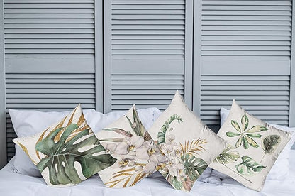 Ambesonne Vintage Tropical Throw Pillow Cushion Case Pack of 4, Retro Botanical Summer Vibes Monstera Leaf Orchid Flowers, Modern Accent Double-Sided Digital Printing, 16", Laurel Green Ginger Blush