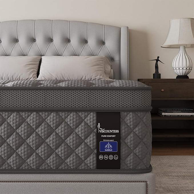 Queen Mattress, 10 Inch Euro Top Mattress Grey Hybrid Medium Firm for Back & Lumbar Support, 100 Night Trial, Individual Pocket Spring for Motion Isolation & Pressure Relief