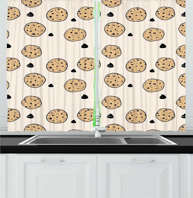 Lunarable Cookie Kitchen Curtains, Repetitive Pattern with Dark Grey Chocolate Chips Handmade Dessert, Window Drapes 2 Panel Set for Kitchen Cafe Decor, 55" x 24", Champagne Pastel Brown