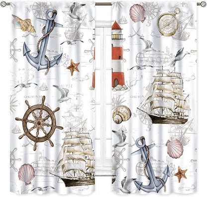 Nautical Kitchen Curtains, Vintage Marine Coastal Sailboat Compass Anchor Ocean Beach Lighthouse Watercolor Decorative Drapes for Bedroom Living Room Kitchen Bathroom Window 2 Panels Set, 55"x63" Inch