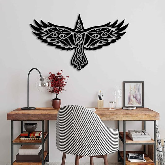 KAWA METALWORKS Nordic Viking Wall Art Decor, Norse Raven Metal Sculpture, Odin's Wall Decor, Mythology Art (Black, Small - 10.2" x 18" (H x W))