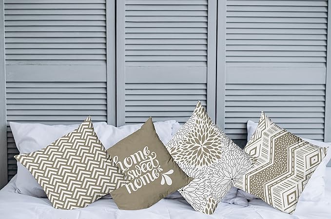 Ambesonne Geometric Throw Pillow Cushion Case Pack of 4, Home Phrase Minimal Zigzag Squama Dahlia Flowers Chevron Tribal, Modern Accent Double-Sided Digital Printing, 20", Cocoa White Charcoal Grey